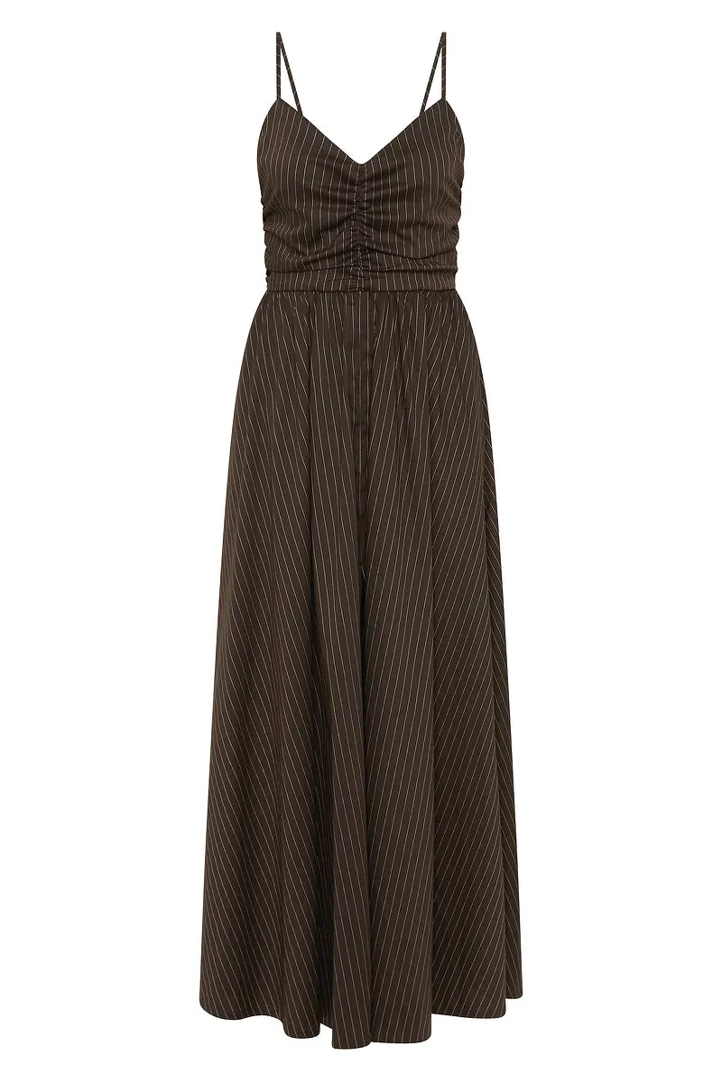 SUNSEEKER MAXI DRESS - CHOCOLATE PIN-STRIPE