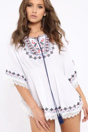 White Embroidered Crochet Trim Kaftan - Kayda