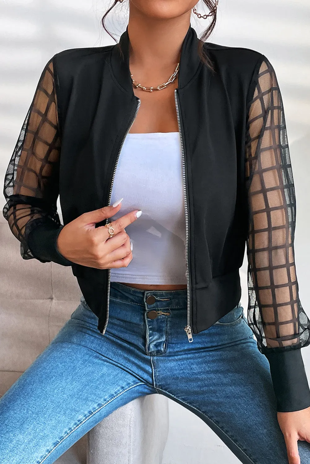 White Latticed Mesh Sleeve Zip Up Bomber Jacket