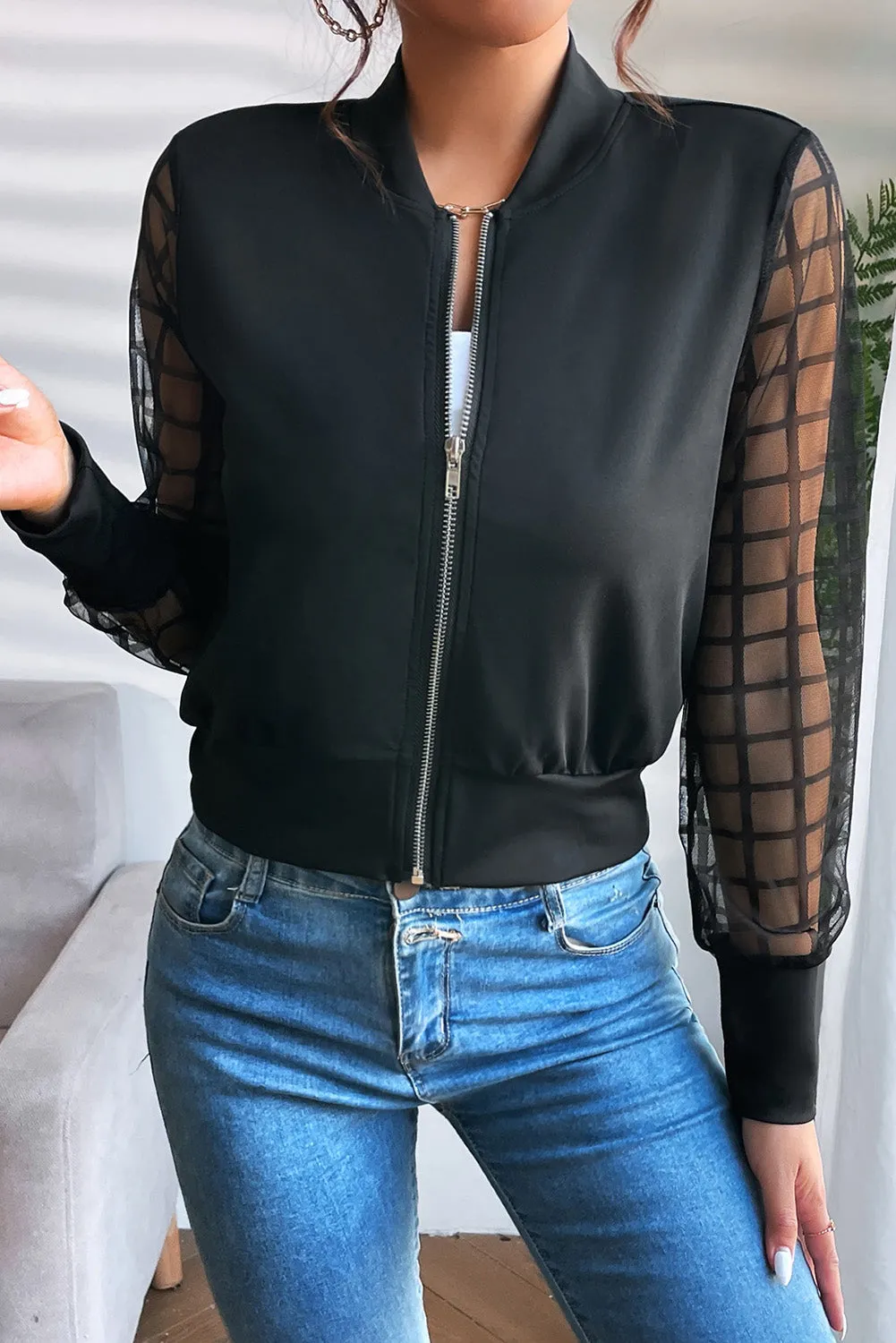White Latticed Mesh Sleeve Zip Up Bomber Jacket
