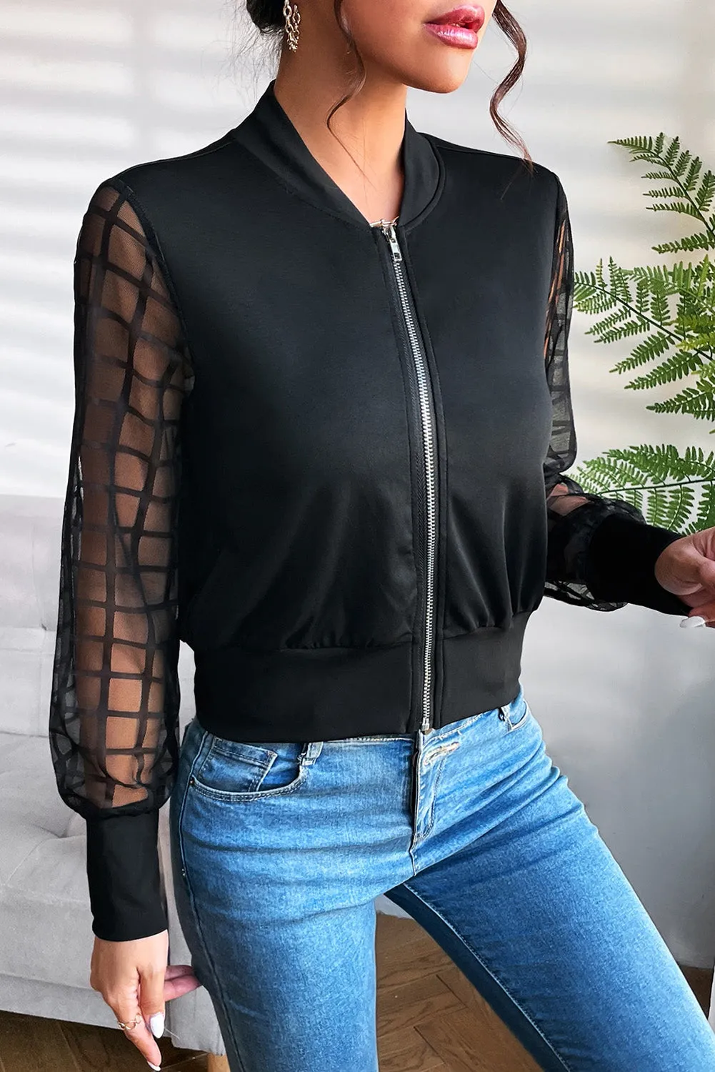 White Latticed Mesh Sleeve Zip Up Bomber Jacket