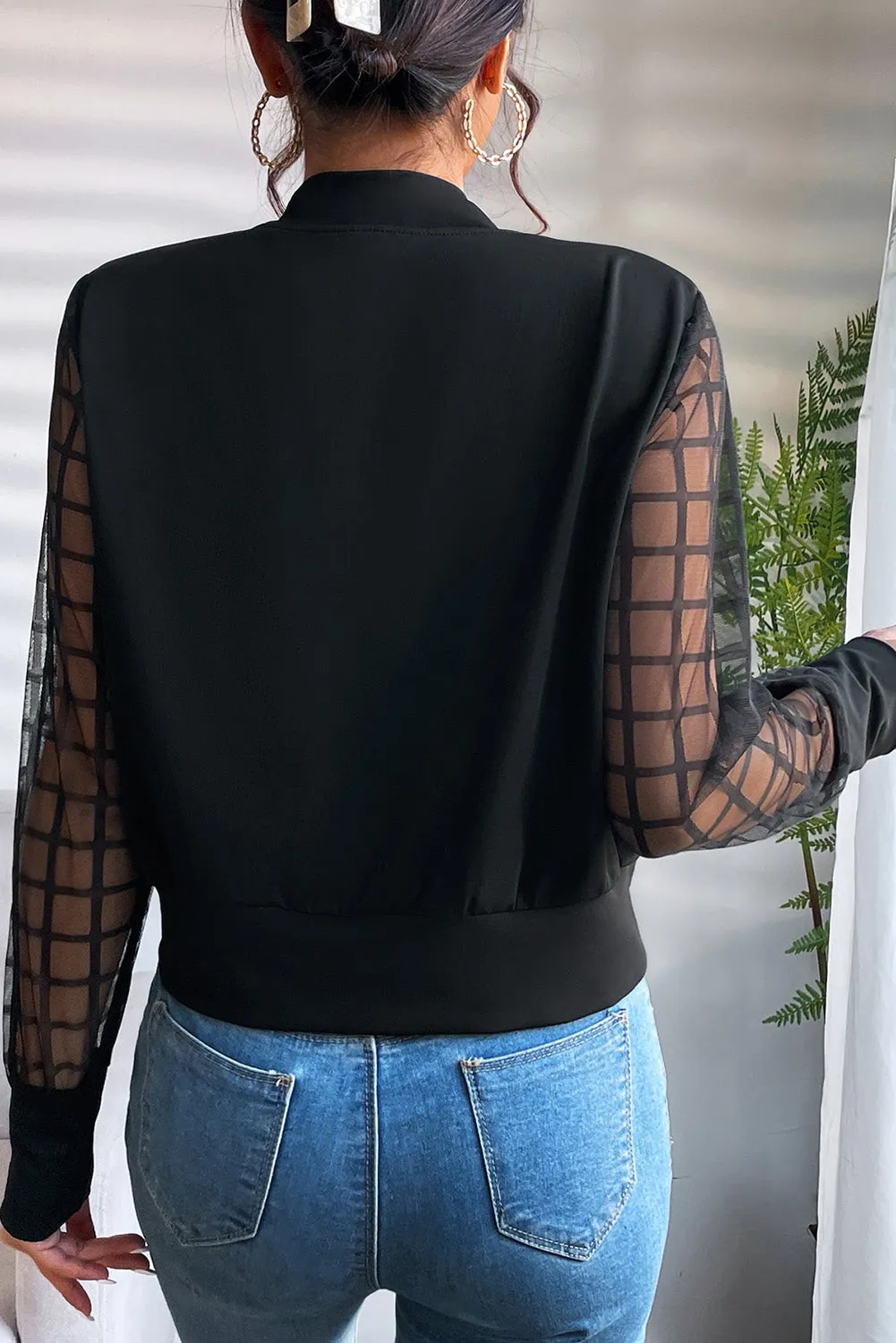 White Latticed Mesh Sleeve Zip Up Bomber Jacket