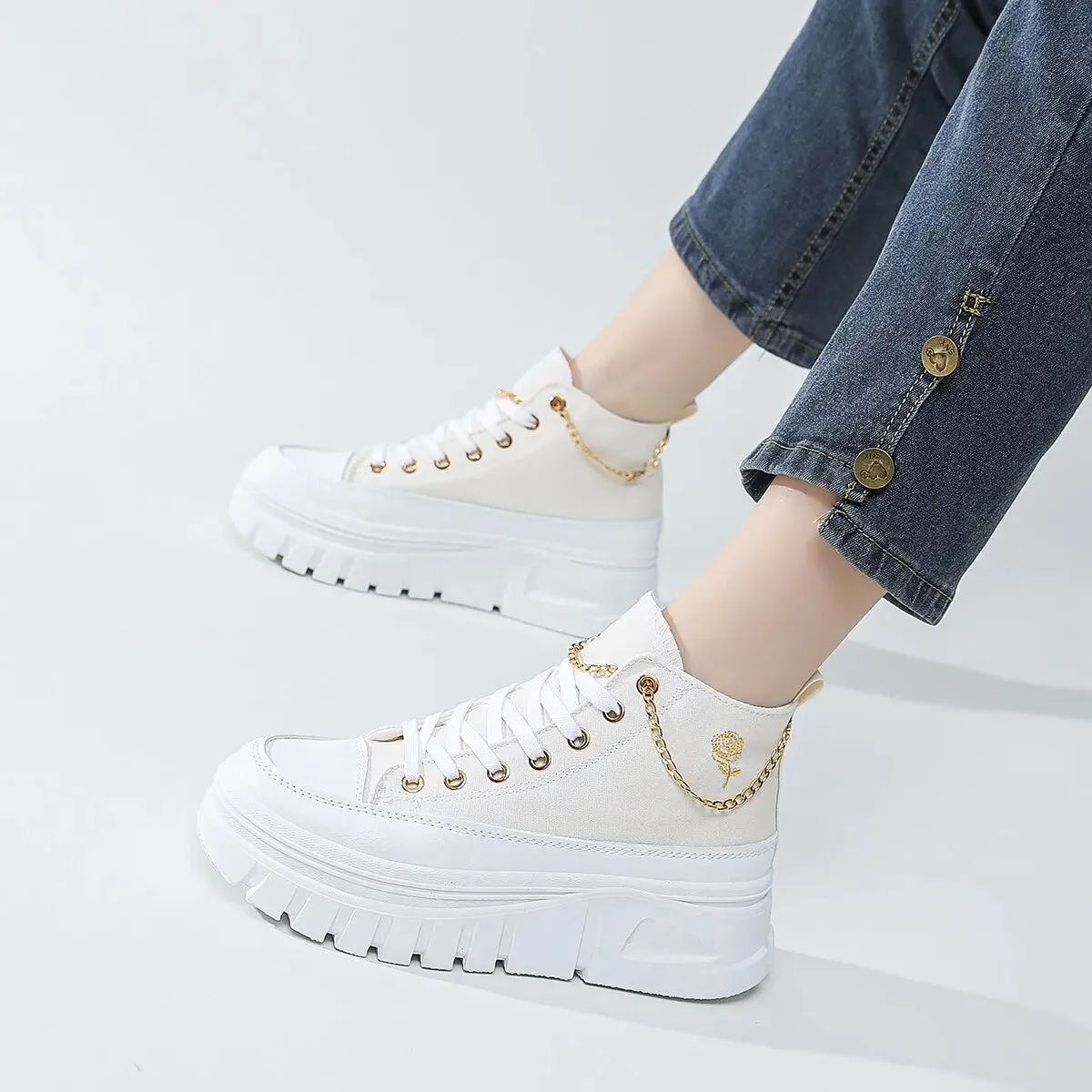 Women Lace-Up Front High Top Flatform Canvas Shoes Fashion Casual Comfortable Height Increasing Sneakers RoseChain Women's Shoes