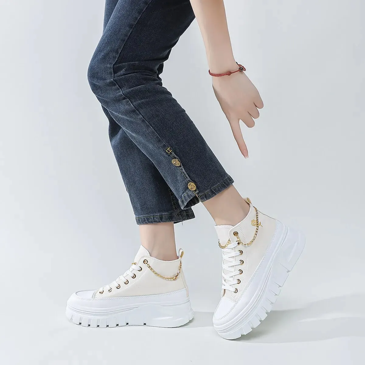 Women Lace-Up Front High Top Flatform Canvas Shoes Fashion Casual Comfortable Height Increasing Sneakers RoseChain Women's Shoes