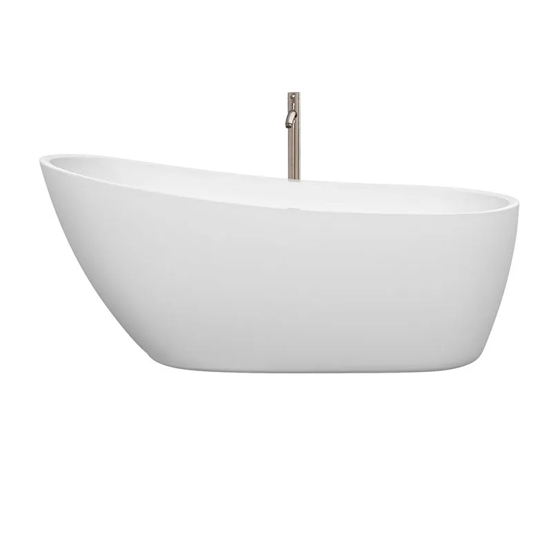 Wyndham Collection Florence 68 inch Soaking Bathtub in White with Brushed Nickel Trim, and Brushed Nickel Floor Mounted Faucet