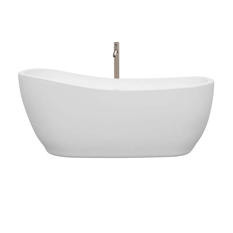 Wyndham Collection Margaret 66 inch Soaking Bathtub in White with Brushed Nickel Trim, and Brushed Nickel Floor Mounted Faucet