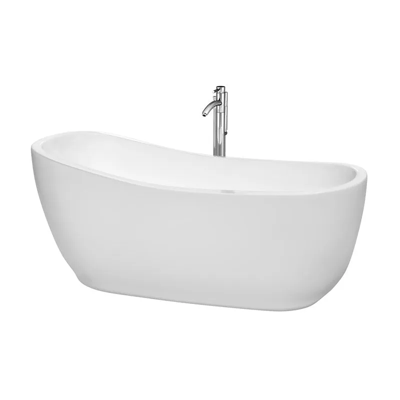 Wyndham Collection Margaret 66 inch Soaking Bathtub in White with Polished Chrome Trim, and Polished Chrome Floor Mounted Faucet