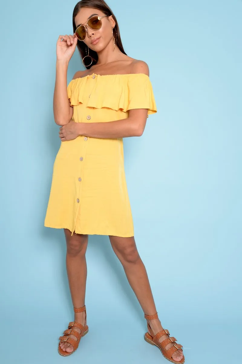 Yellow Bardot Frill Button Front Dress - Julissa